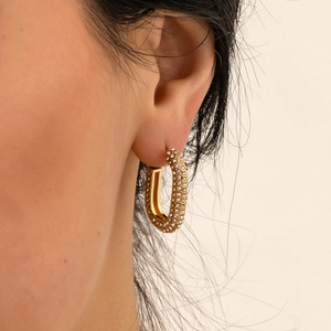 Chic 18K gold plated stainless steel hoop earrings with sparkling rhinestones on model