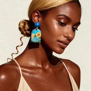 Modern acrylic arch earrings with sunflower pattern and blue studs worn by a model