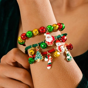 Christmas Bracelet Santa Claus Snowman Christmas Tree Enamel Pendants Beaded Woven Rope Festive Jewelry For Women