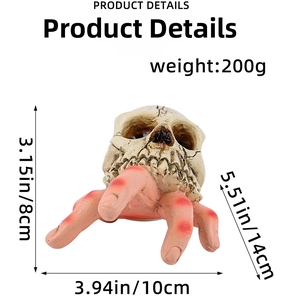Detailed view of Halloween resin skull ornament with size measurements and 200g weight info