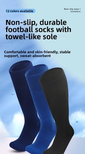 Close-up of thick towel-bottom soccer socks in navy, blue, and black for sports