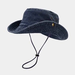 Washed navy blue wide brim sun hat with adjustable chin strap for outdoor activities