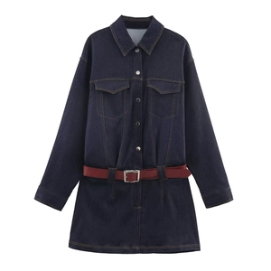 Robe Mini en Jean Bleu Foncé Vintage Femmes Manches Longues Col à Revers Robe en Jean Ajustée Avec Ceinture Rouge