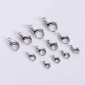 Polished silver metal lobster clasps in various sizes for DIY jewelry making