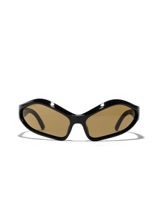 Y2K futuristic bat-style cat eye sunglasses with black frame and brown lenses