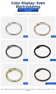 Six colors of metal loose-leaf binder rings in silver, gold, and bronze finishes