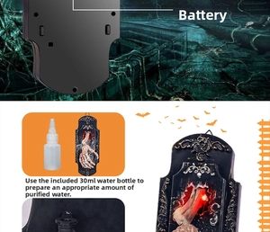 Halloween doorbell detail showing the skull hand spray function and battery compartment