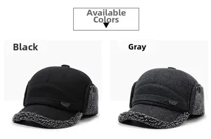 Detail view of winter earflap caps with wool texture and sports metal logo detail