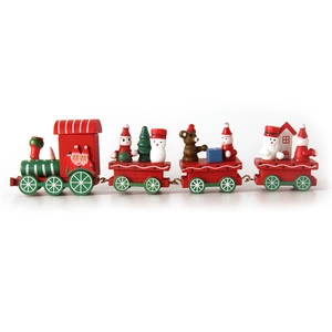 Detailed close-up of a wooden Christmas train with Santa and snowman on a white background
