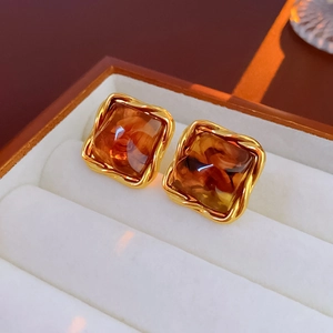 Macro shot of vintage geometric amber resin earrings with gold twisted metal borders