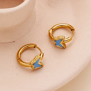 Golden stainless steel butterfly hoop earrings with sky blue enamel finish