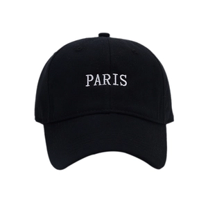 Classic black baseball cap with white PARIS embroidery on a high-quality cotton fabric