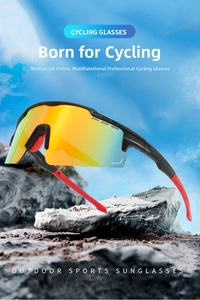 Detail of cycling sunglasses with orange mirror lens on rock background
