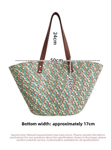 Detailed dimensions of multi-colored woven straw tote bag with size measurements