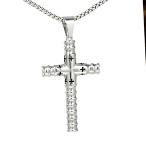 Classic stainless steel cylinder cross pendant necklace with box chain on white background
