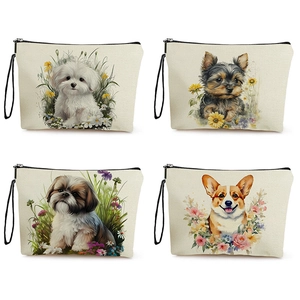 Watercolor Dog Floral Print Makeup Bag Polyester Fine Linen Zippered Travel Cosmetic Pouch Toiletry Storage Wristlet For Women