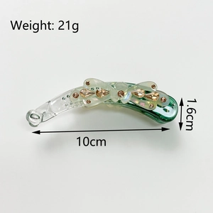 Elegant 10cm green floral banana clip with gold rhinestones and pearl petals