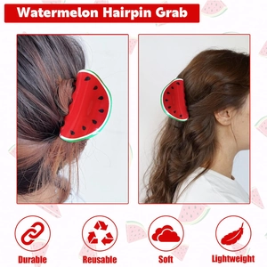 Detail view of a red watermelon hair claw clip on model showing a secure back hairstyle