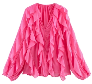 Detail of rose pink chiffon shirt featuring layered ruffles and V-neckline button closure
