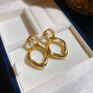 French vintage style gold double hoop earrings with pavé zircon for women