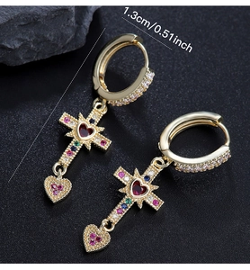 Detail of gold heart earrings with colorful zircons and size dimension 1.3cm
