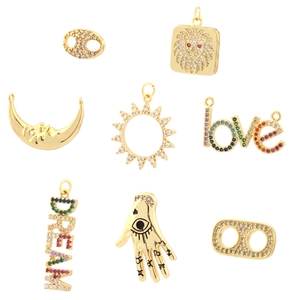 Selection of 18K gold plated brass charms with micro-paved zircons for DIY jewelry making