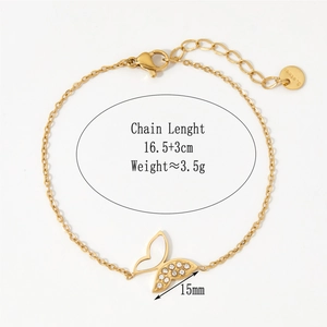 Detail showing gold butterfly bracelet dimensions of 15mm with 16.5cm chain length