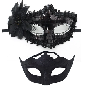 Elegante zwarte masker set met pailletten, veren en florale wijnrank patronen