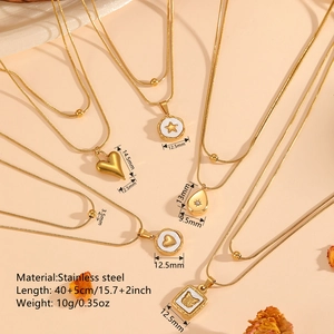 18K gold plated double layer stainless steel necklace with heart and butterfly pendants