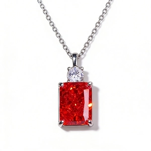 925 silver necklace with radiant emerald-cut red gemstone and white zircon pendant