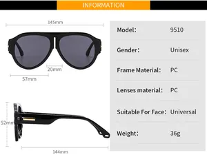 Size chart showing frame dimensions and PC material specs for aviator sunglasses