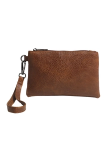 Classic brown pebble grain PU leather clutch bag with a detachable wrist strap and zipper