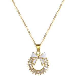Titanium steel necklace featuring a white enamel bow and round zircon pendant on white backdrop