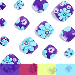 Short square floral press-on toenails in dark purple with blue flower patterns
