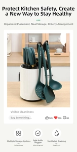 Detail view of rotating kitchen knife holder with green utensils and vertical stripe design