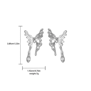 Silver butterfly earrings with white pearls and liquid metal design, 3.89cm length
