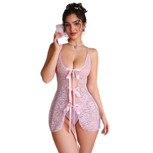 Pink lace lingerie teddy with satin bows and floral mesh fabric for women