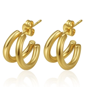 Polished 18k gold plated stainless steel C-shaped stud earrings with double hoop design