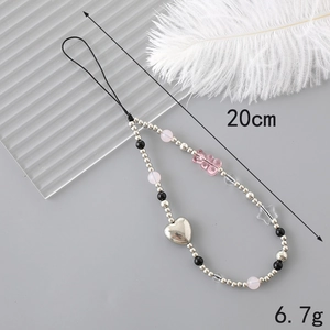 Y2K crystal beaded phone strap with silver heart and pink bear charms, length 20cm