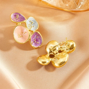 Three-color oval enamel drop earrings in stainless steel with elegant gold finish
