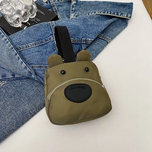 Cute olive green bear-shaped cartoon wrist bag with 3D ears and durable black strap