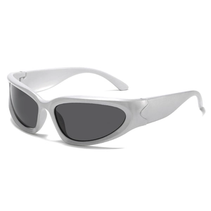 Y2K futuristic punk silver matte sunglasses with gray polarized lenses on white background