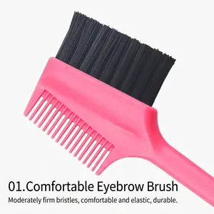 Dual-ended pink eyebrow brush and comb set with flexible black synthetic bristles