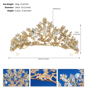 Detail view of gold bridal crown with rhinestones, showing dimensions 14cm by 6.2cm