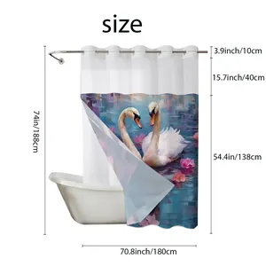 Detailed size guide for swan pattern shower curtain measuring 70.8 by 74 inches