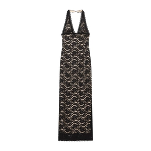 Sexy Halter Backless Lace Maxi Dress Women Slim Fit Deep V Neck Sleeveless Bodycon Party Elegant Long Dresses