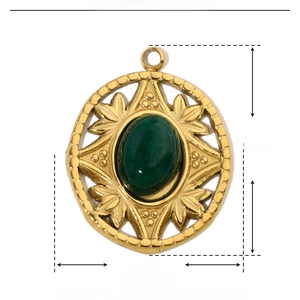 Detail view of a 16mm gold stainless steel charm with green natural stone and dimensions