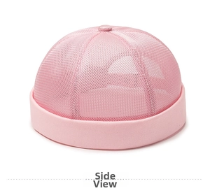 Detail view of pink mesh docker hat showing breathable texture and side profile design