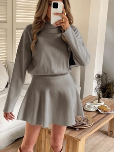 Grey long sleeve knitted turtleneck sweater and pleated A-line mini skirt set for women
