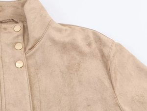 Detail of khaki faux suede jacket featuring a stand collar and three gold-tone buttons